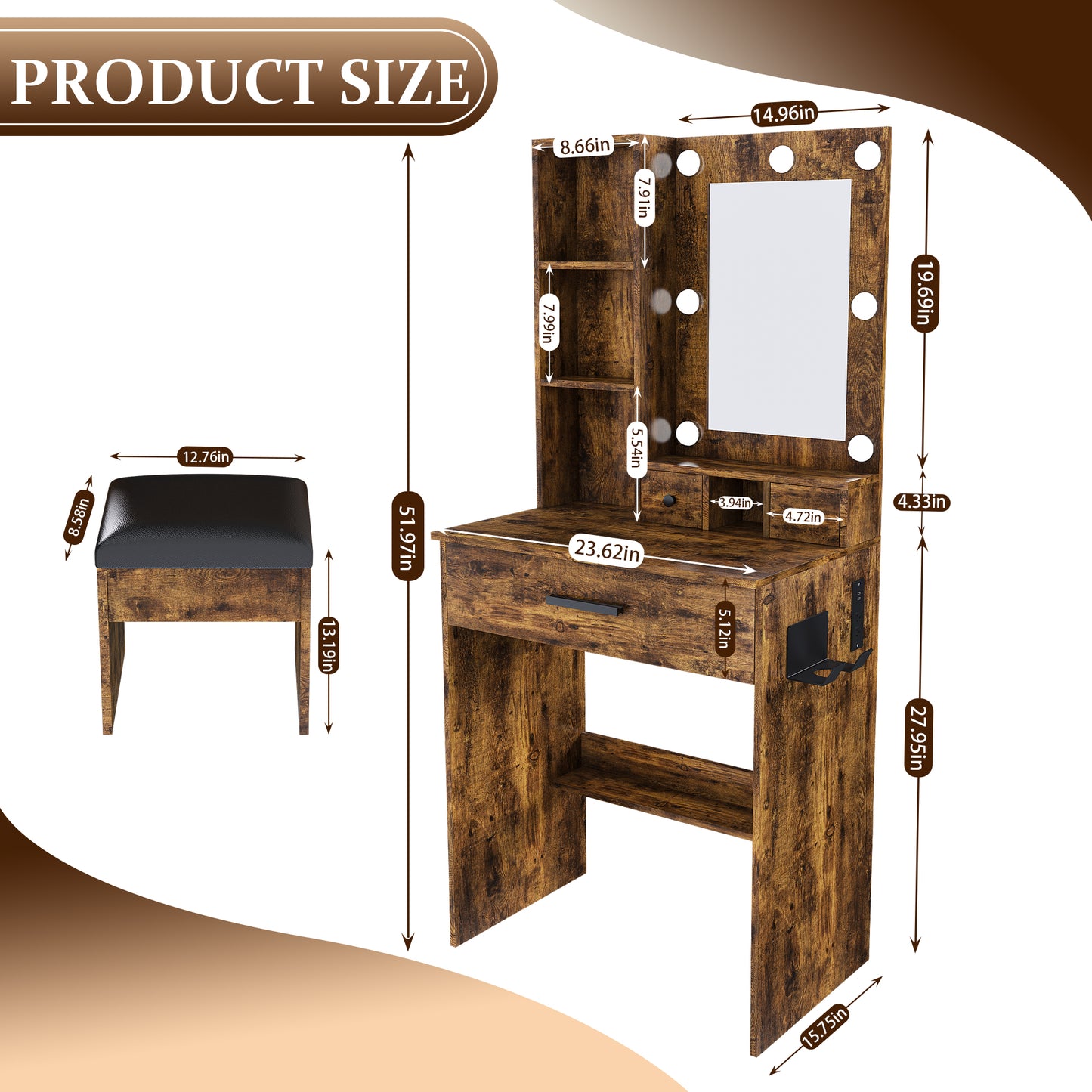 Vanity Table With Mirror & Adjustable LED Lights, Power Outlet,