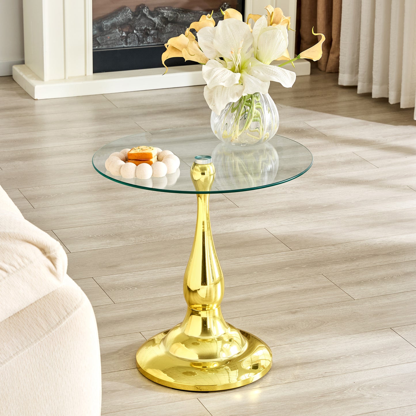 Modern Round Metal Side Table with Glass Top - Gold