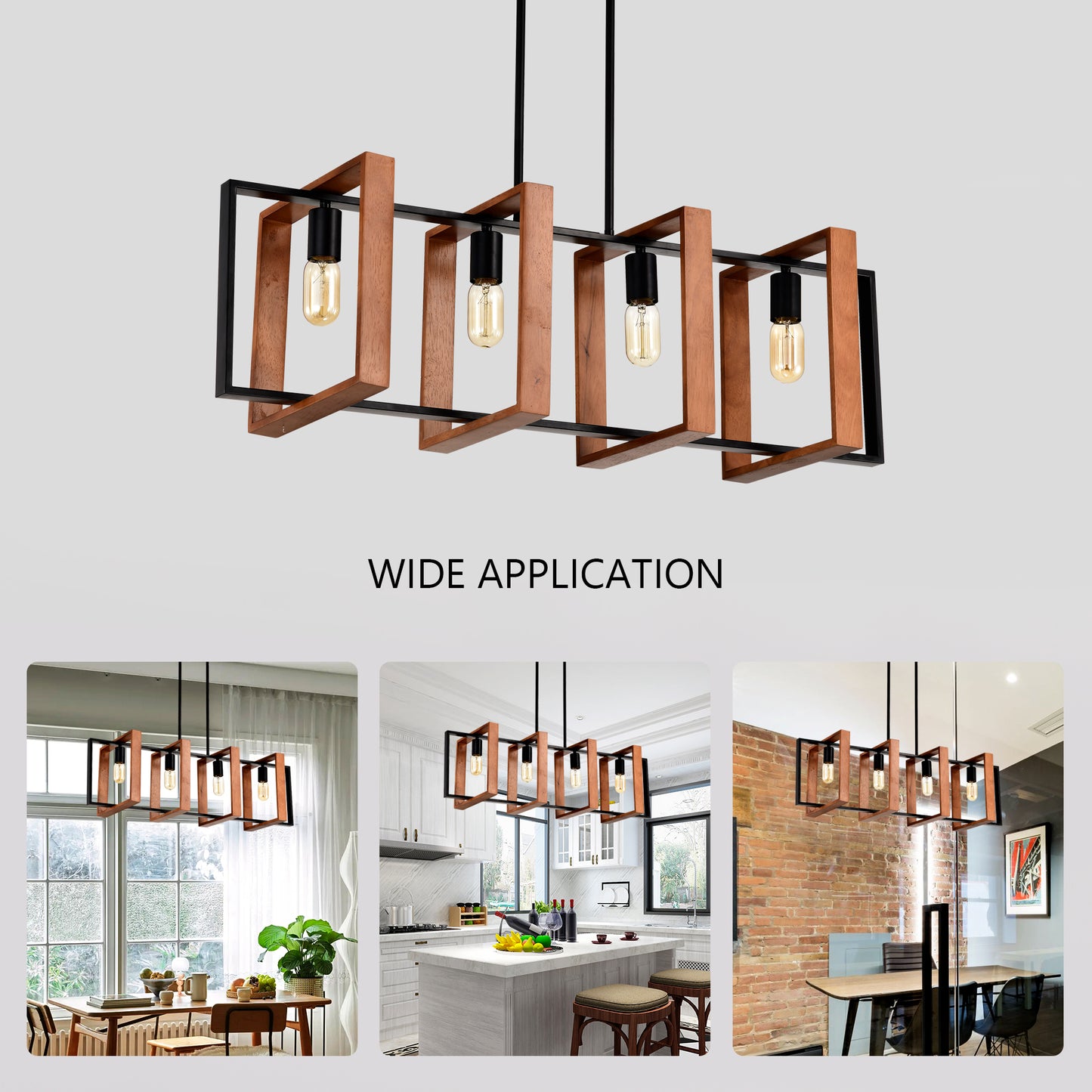 4-Light Farmhouse Pendant Light Fixture with Wooden Finish - Rustic Modern Chandelier for Kitchen & Dining
