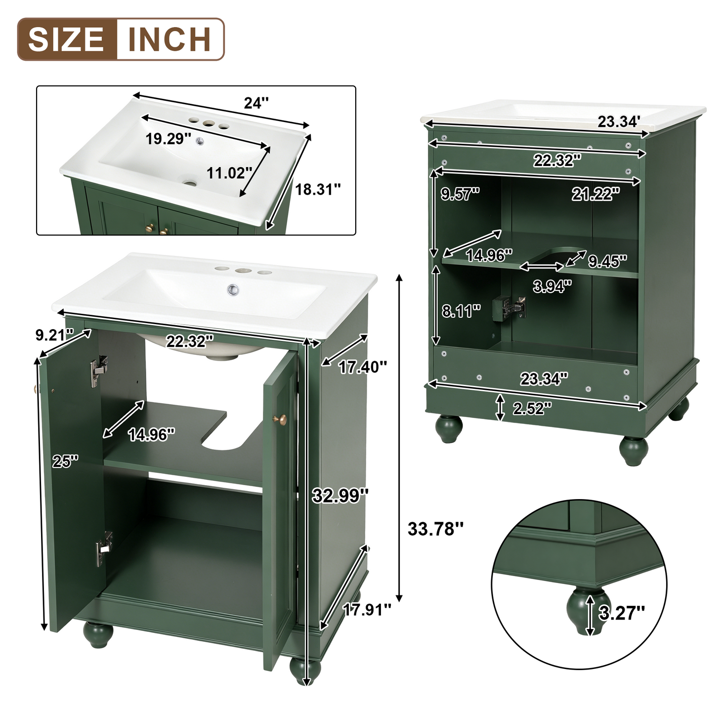 24 Inch Green Modern Bathroom Vanity Cabinet with Soft-Closing Storage