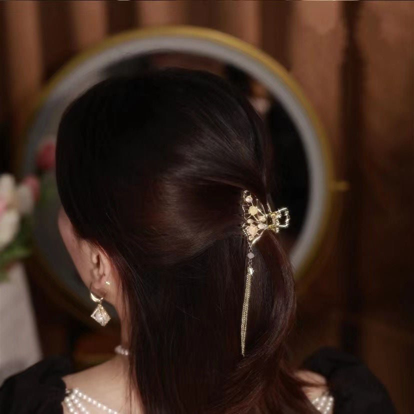 Gold Butterfly Hair Clip - Retro Elegant Fairy Small Tassel Shark Hair Accessory