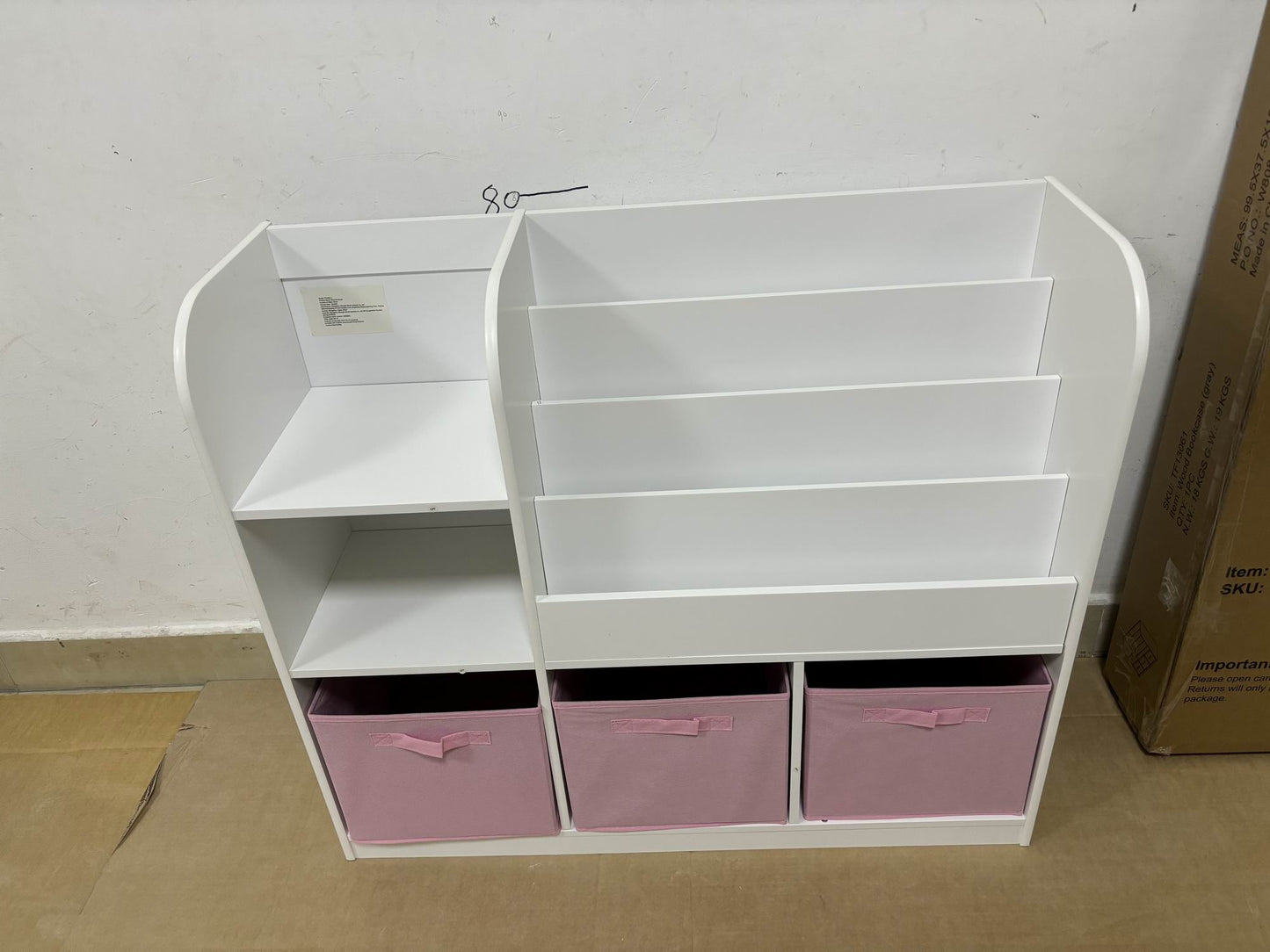 Kids Bookcase with 3 Fabric Drawers - White and Pink