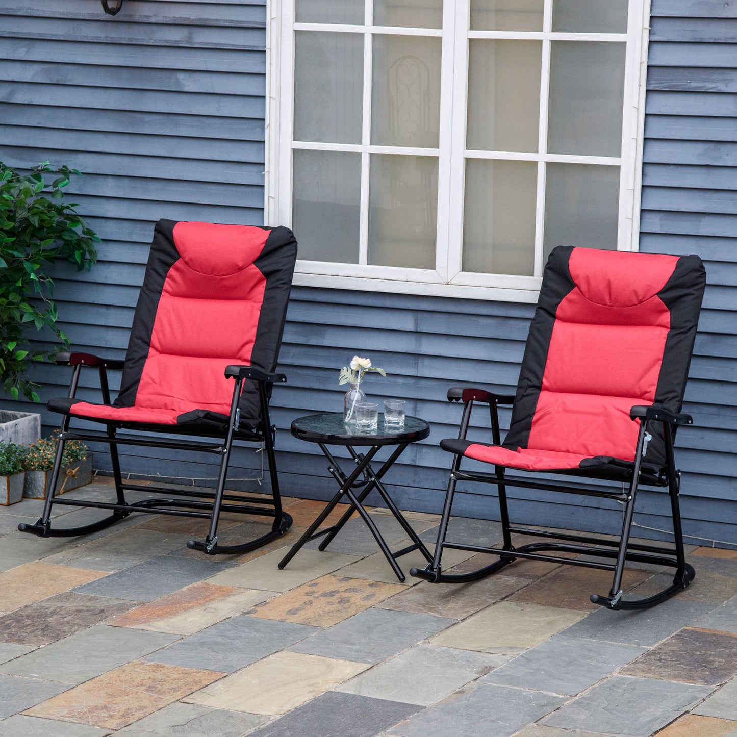 3-Piece Outdoor Bistro Set with Folding Rocking Chairs - Red