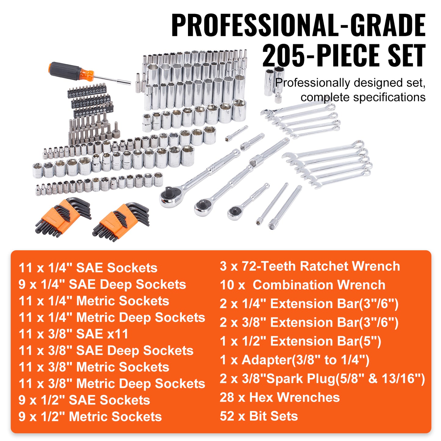205-Piece Mechanic Tool Set with Sockets Wrenches & Storage Case