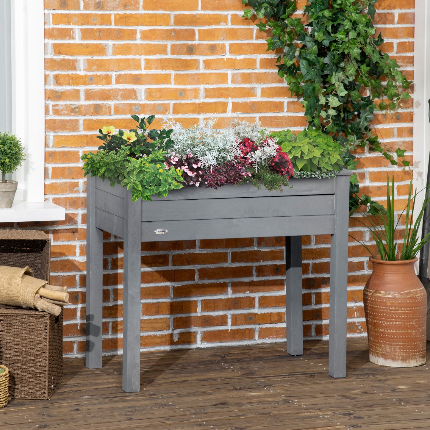 34-Inch Elevated Wooden Garden Bed with Drainage Holes - Dark Gray