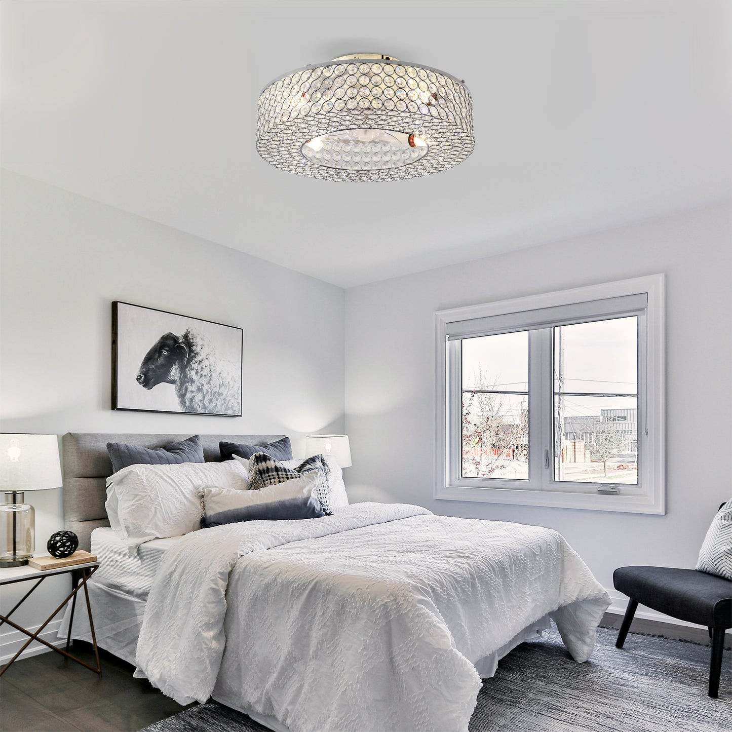 19.6'' Crystal Flush Mount Ceiling Fan with Remote Control - White