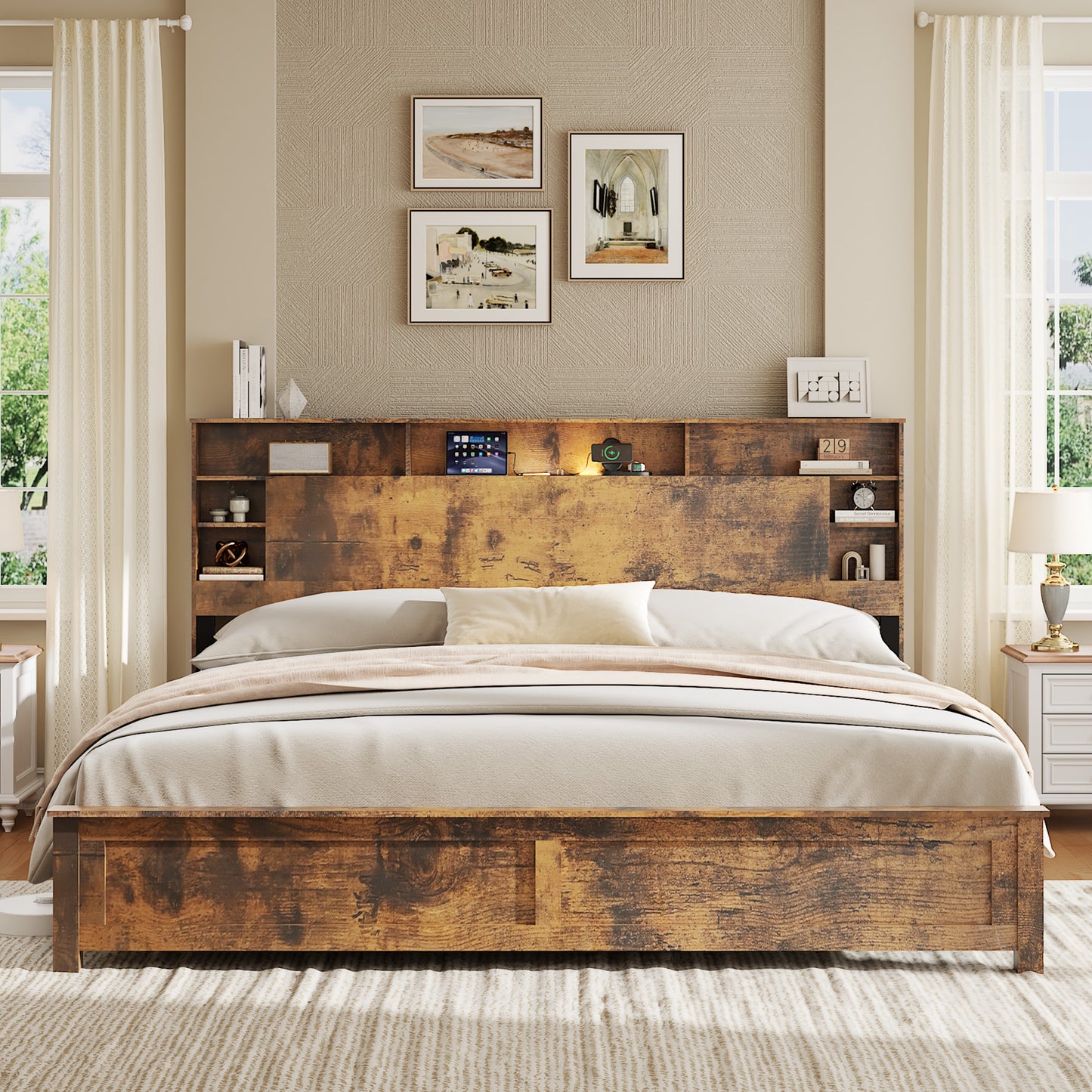 King Platform Bed Frame with Bookcase Headboard & LED Lighting