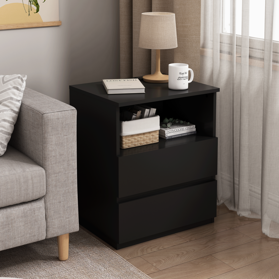 Set of 2 Modern End Tables with USB Charging Station & Drawers - Black