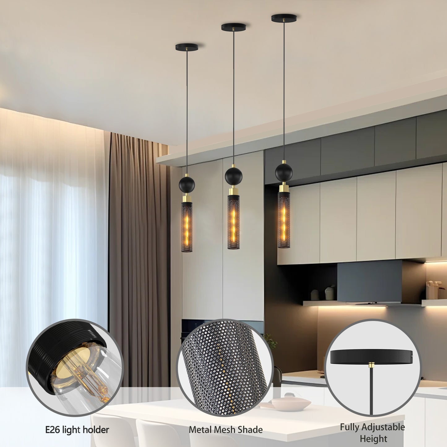 Black Wrought Iron Pendant Light for Kitchen Island, Adjustable Hanging Fixture