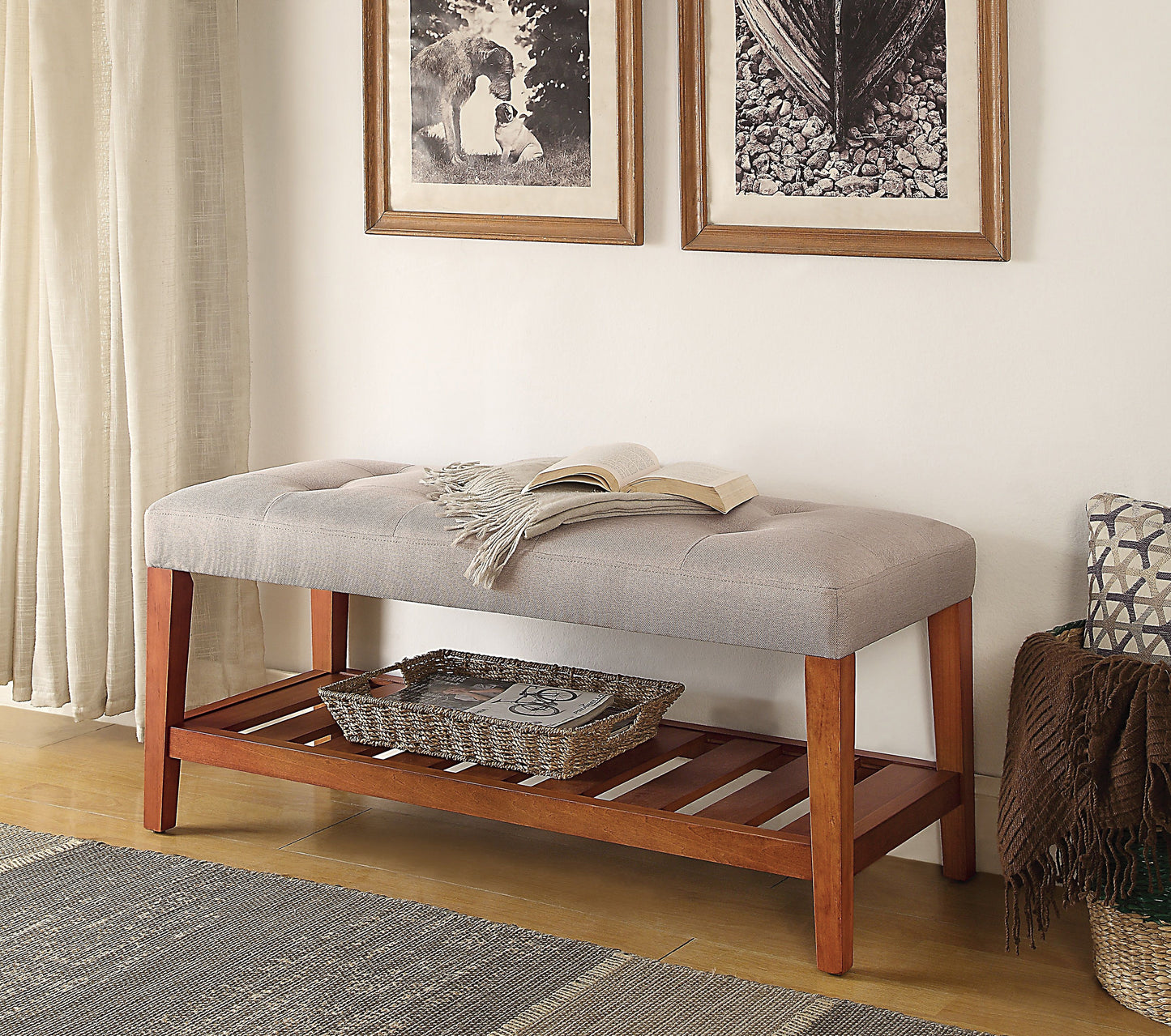 Light Gray Fabric Bench with Oak Finish - Charla