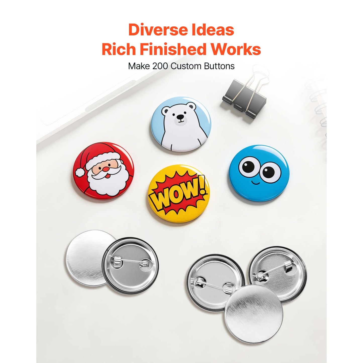 Button Maker Supplies 200 Sets Pin Back Buttons with Metal Backs & Films - DIY, School & Studio Use