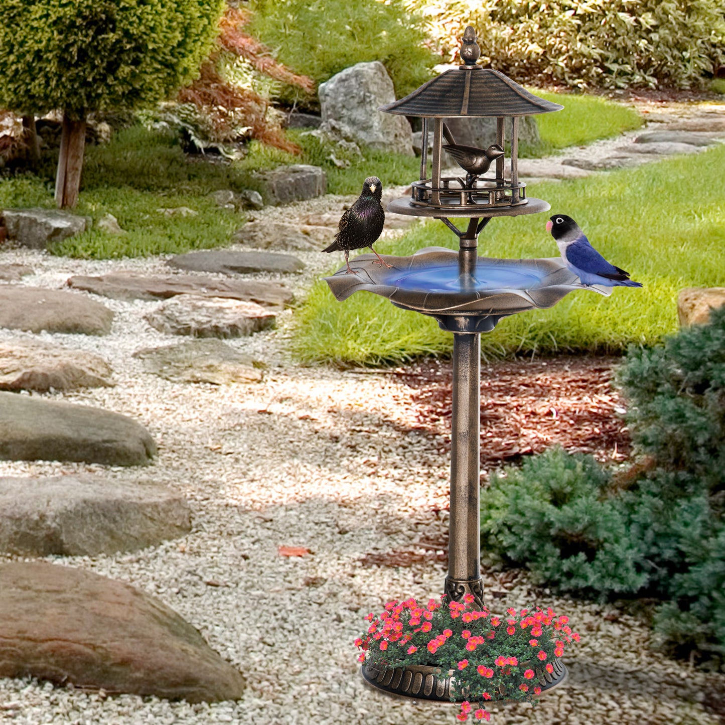 3-in-1 Garden Bird Bath with Feeder & Planter - Bronze