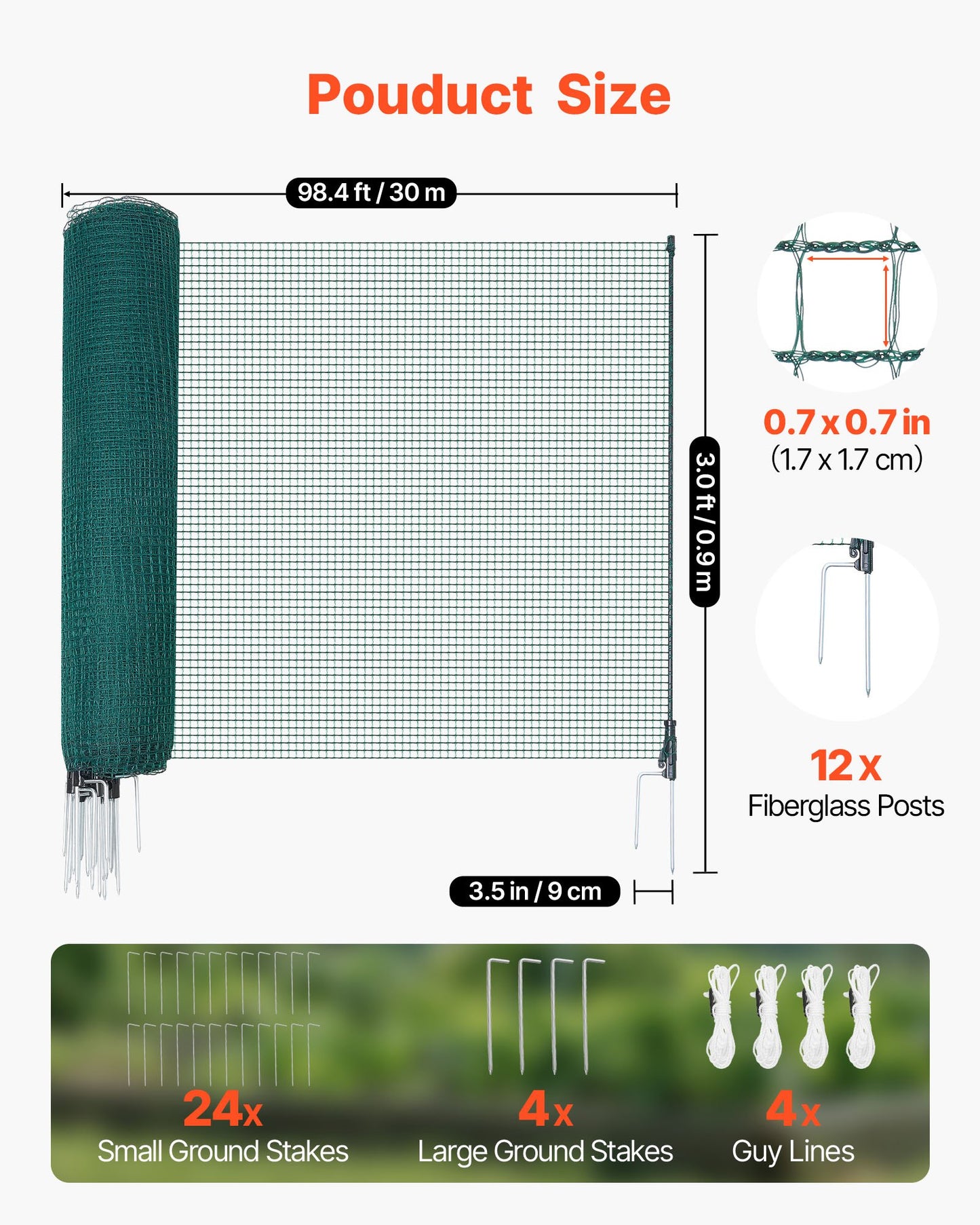 Black Plastic Mesh Garden Fence with Stakes for Pets & Plants, 3 x 98.4 ft