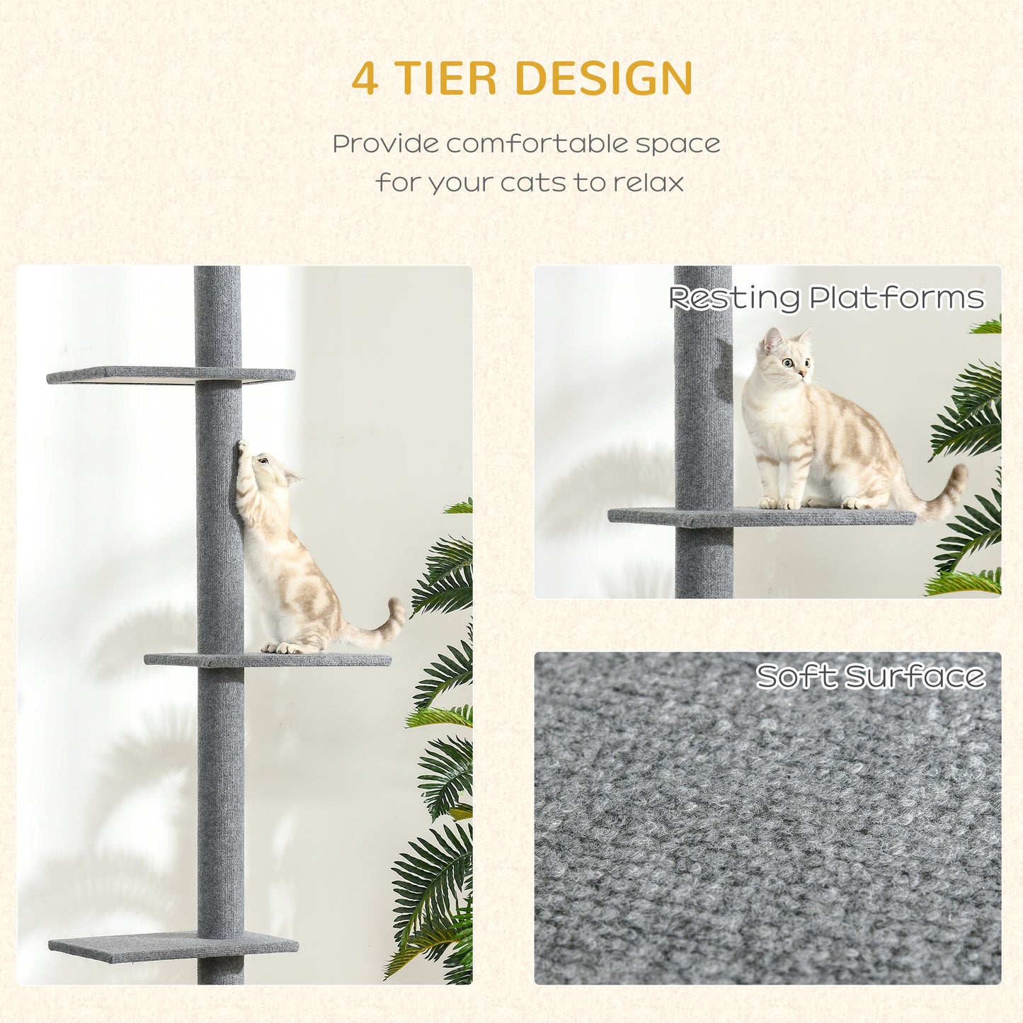 Floor-to-Ceiling Cat Tree Tower with Sisal Scratching Posts - Gray, Adjustable Height, 89.75" Tall