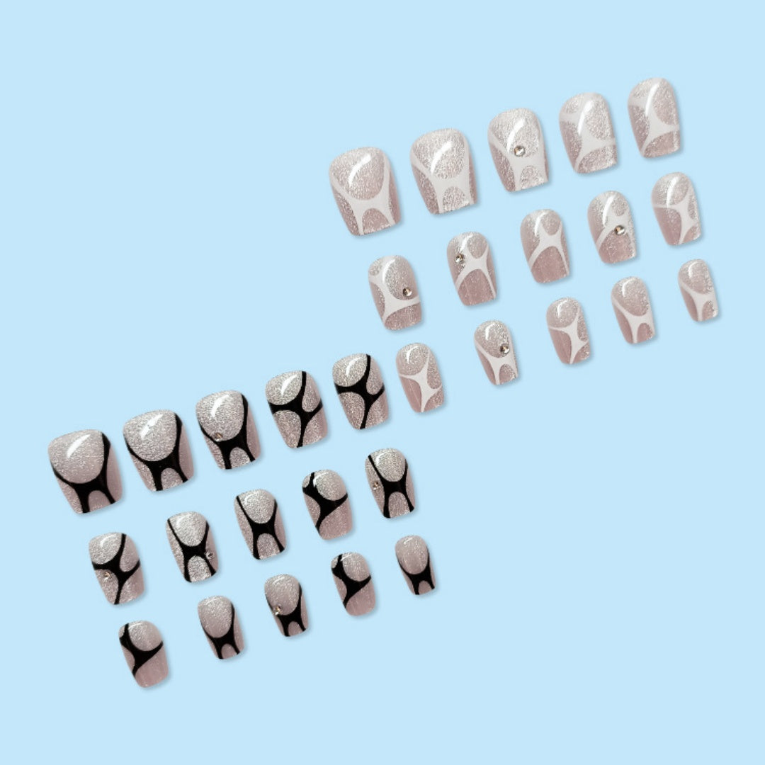 Short Rectangular Cat-Eye Gradient False Nails Kit with Gemstones & Stickers