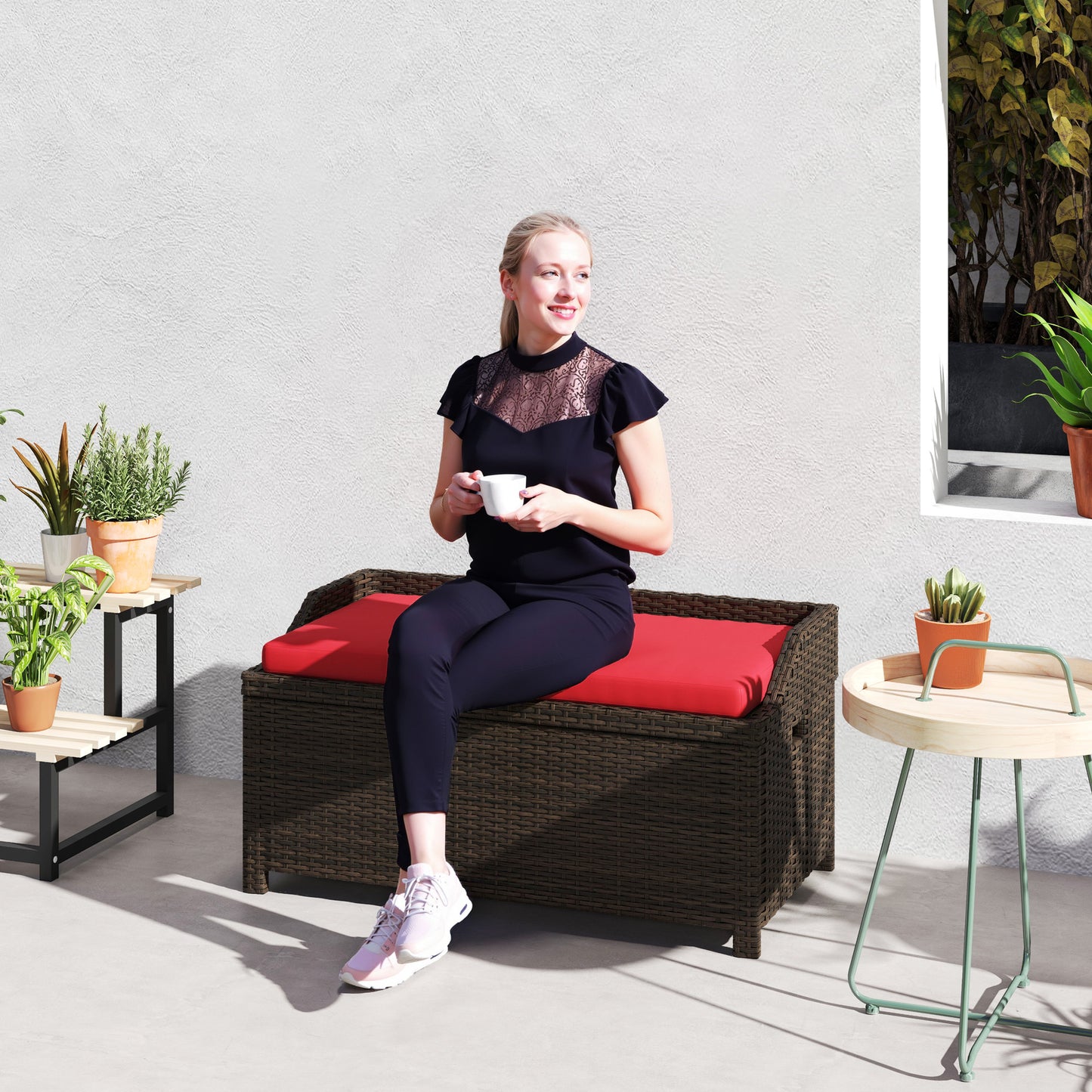 Outdoor Storage Bench with Cushion - Red Wicker Design