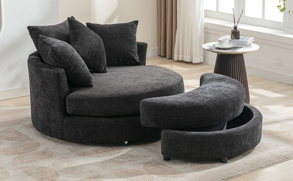 360° Swivel Accent Barrel Chair with Storage Ottoman & 4 Pillows - Gray
