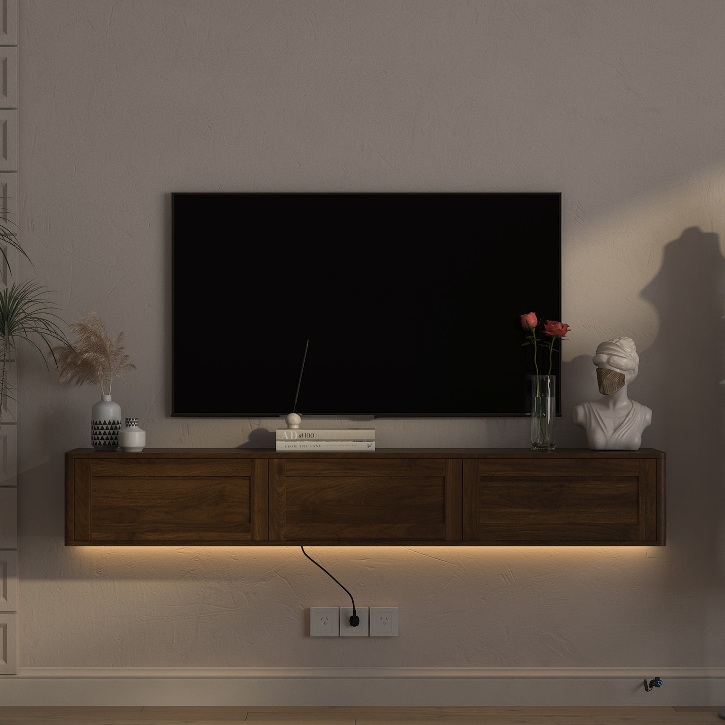Floating TV Stand with LED Lights & Power Outlet - Wood Finish
