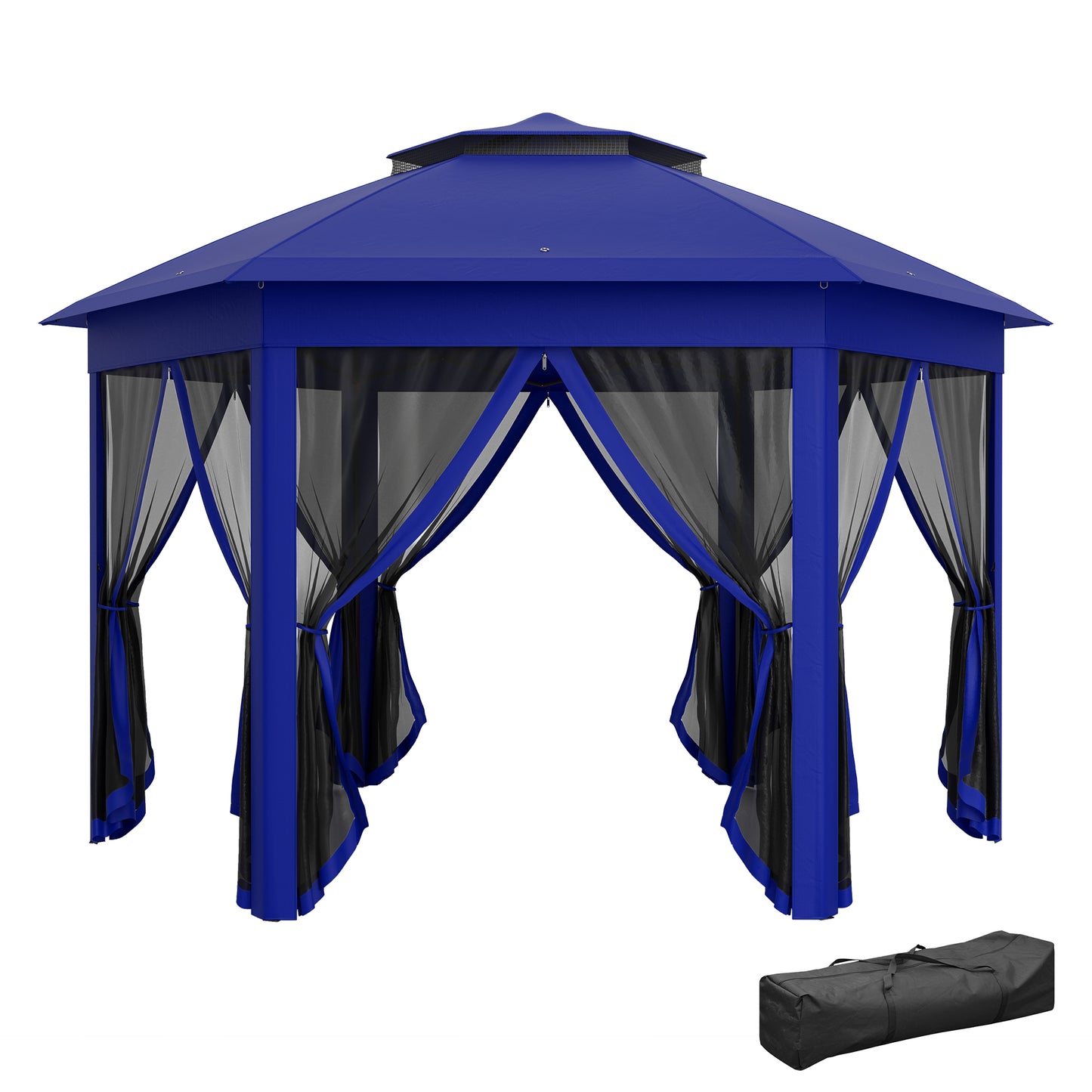 13' Hexagonal Pop Up Gazebo Canopy with Mesh Sidewalls - Blue