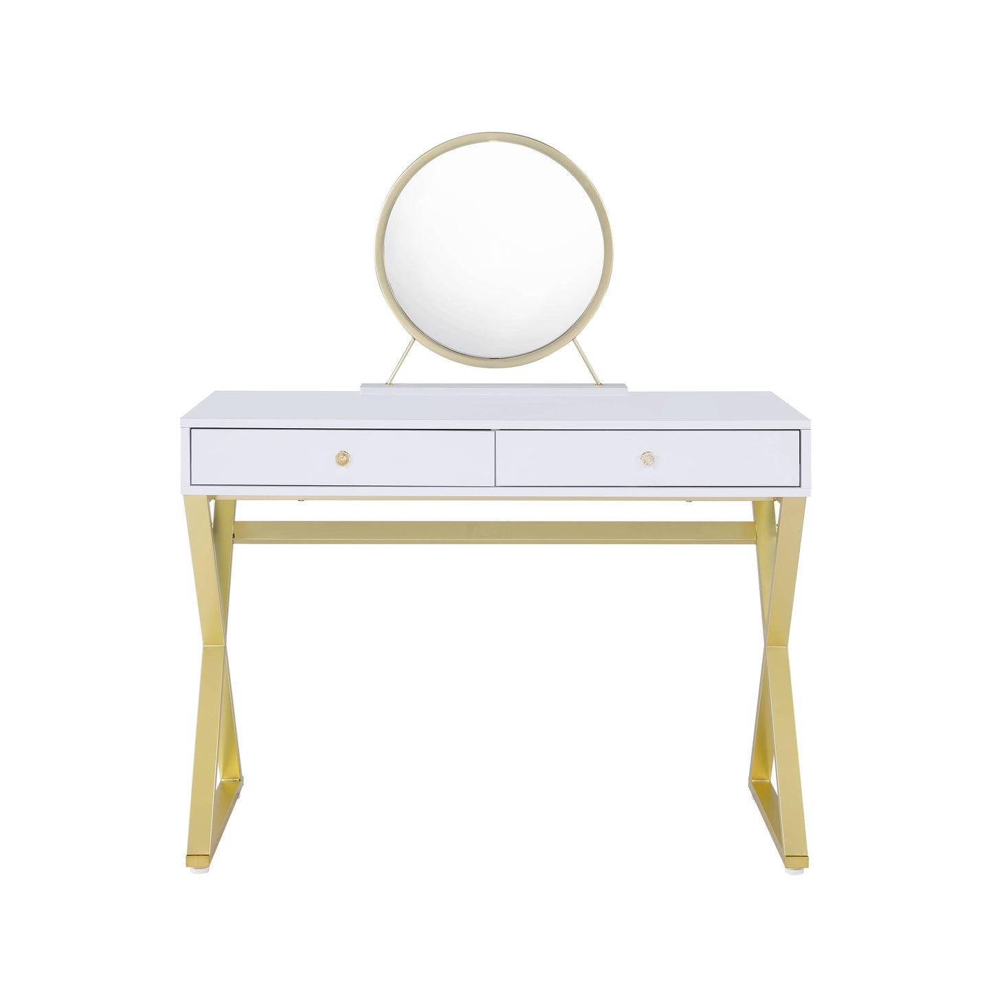 Gloss White & Gold Vanity Desk with Mirror & Jewelry Tray