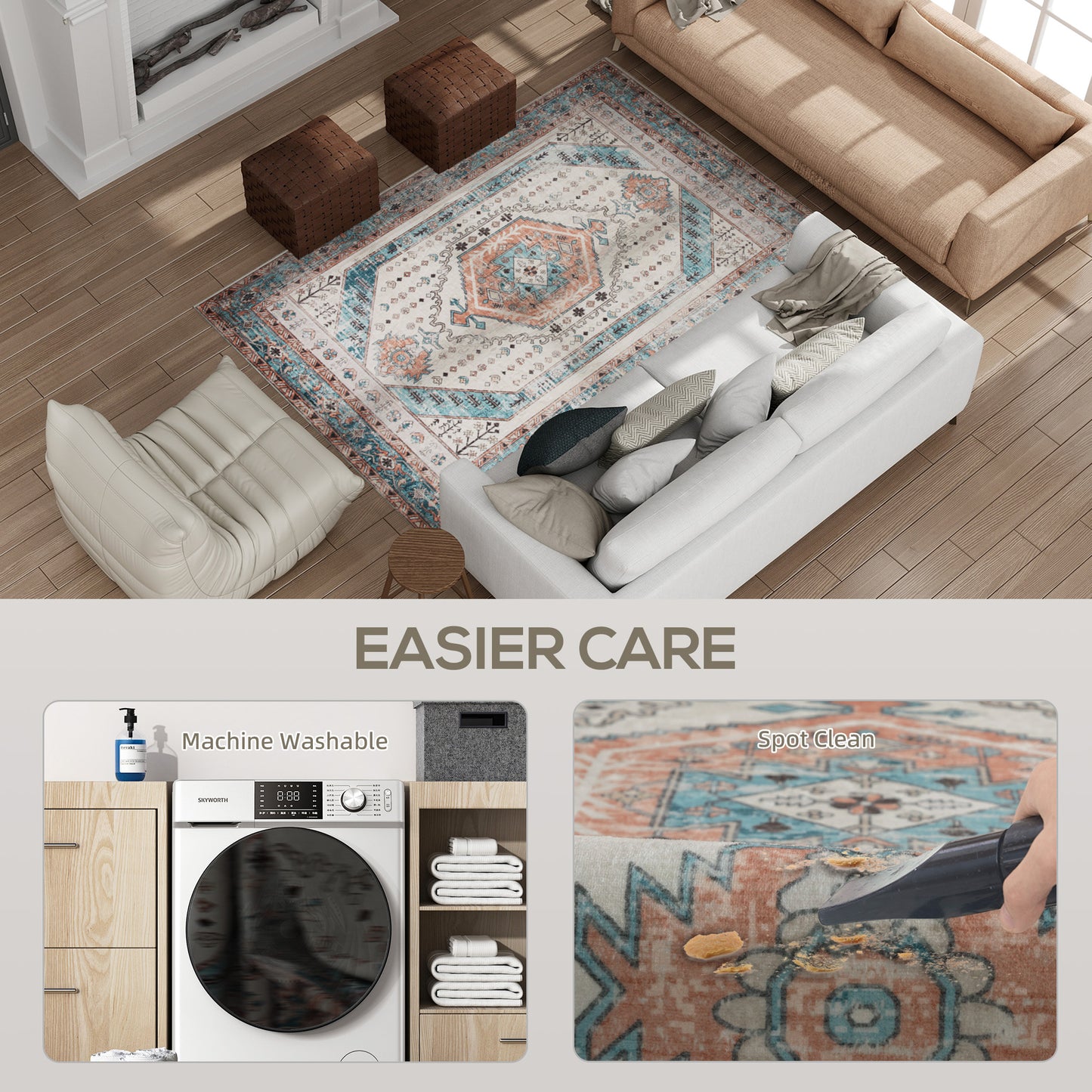 Vintage 4x6 Area Rug - Machine Washable, Non-Slip Carpet for Living Room & Bedroom - Brown & Blue