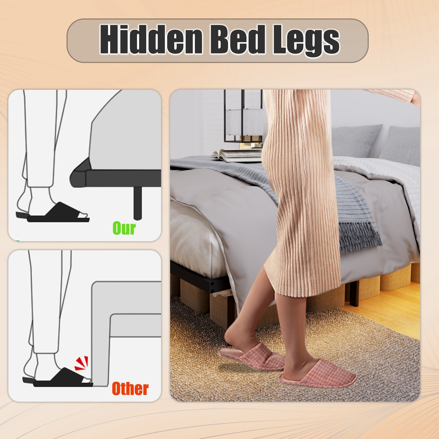 Queen Size Heavy Duty Metal Bed Frame with LED Light - Black
