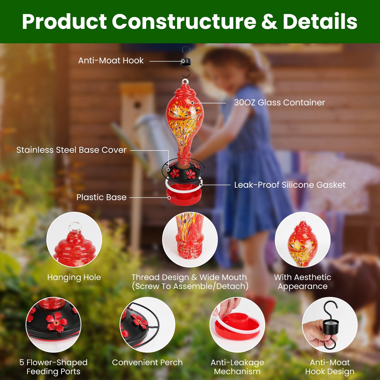 Glass Hummingbird Feeder 33OZ with 5 Flower Feeding Ports & Ant Moat - Garden Decor