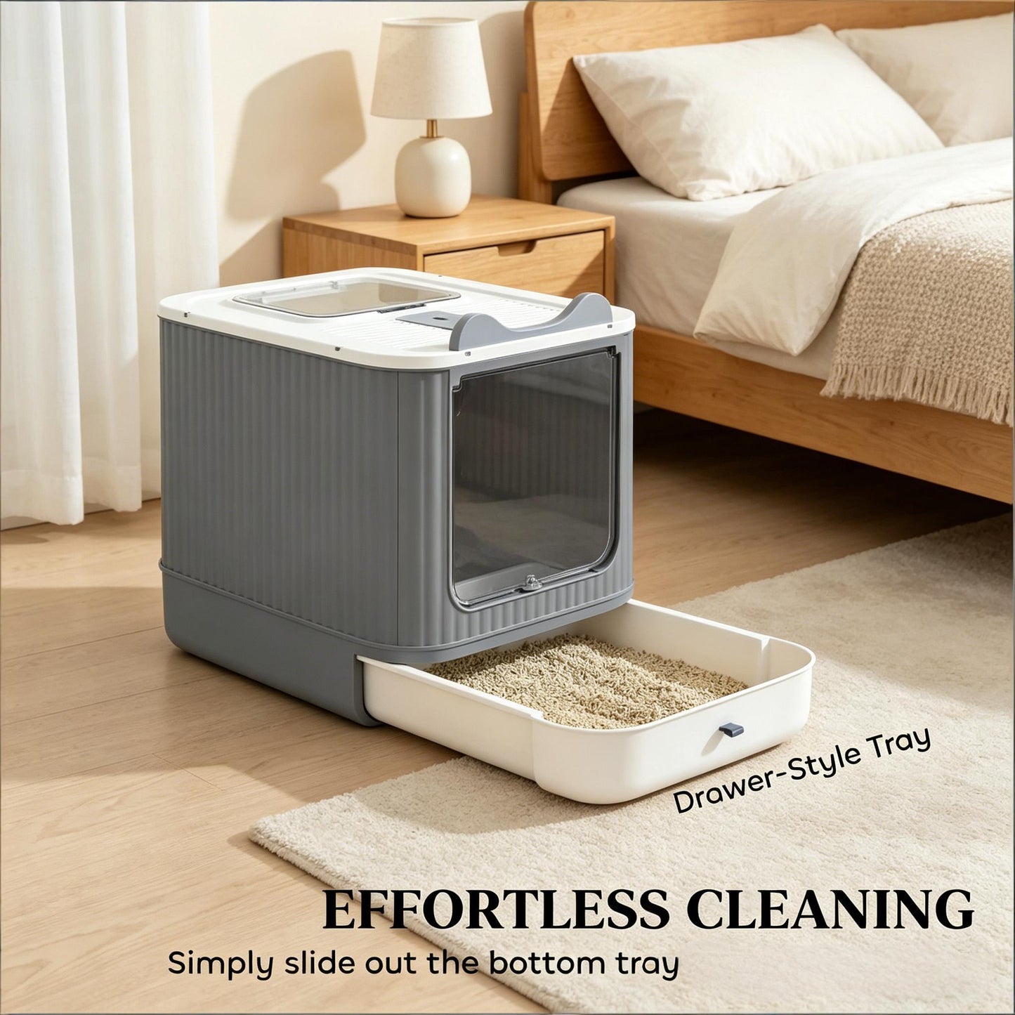 Enclosed Cat Litter Box with Slide-Out Tray - Black & Gray