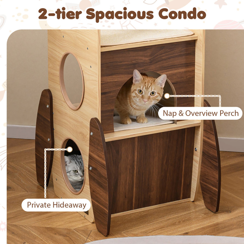 Large 47-Inch Wooden Cat Tree with Scratching Pad and Multi-Level Playhouse - Natural & White