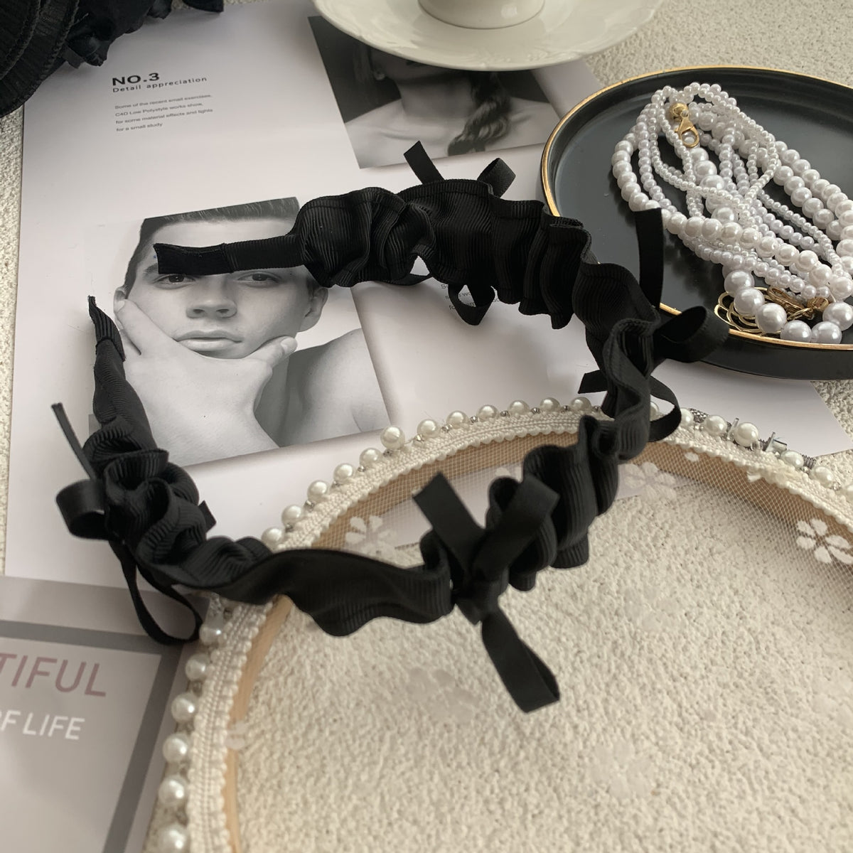 Black Rhinestone Hair Hoop - Exaggerated Wooden Ear Headdress for Hair Styling