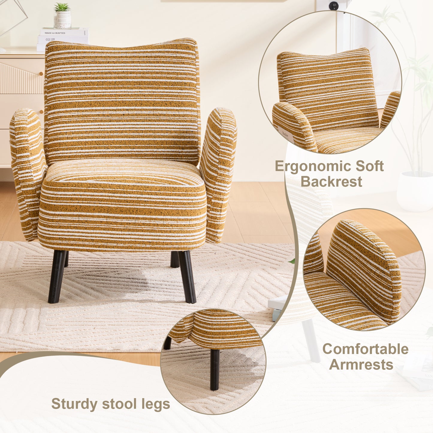 Comfortable Modern Armchair with Side Storage Pocket - Mustard Yellow