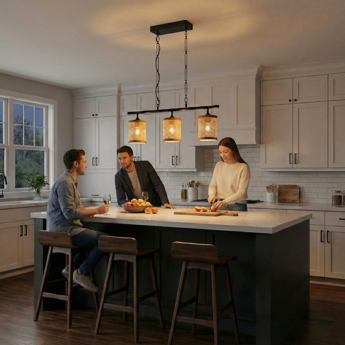 Elysian Three Lights Island With Natural Rattan Shade Farmhouse Chain