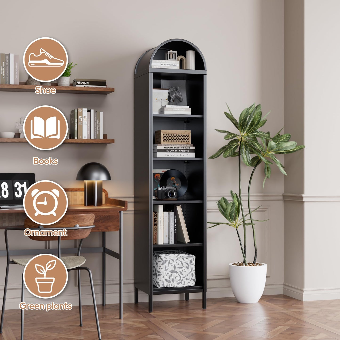 73'' Tall Arched Metal Bookshelf - 6-Tier Freestanding Organizer in Black