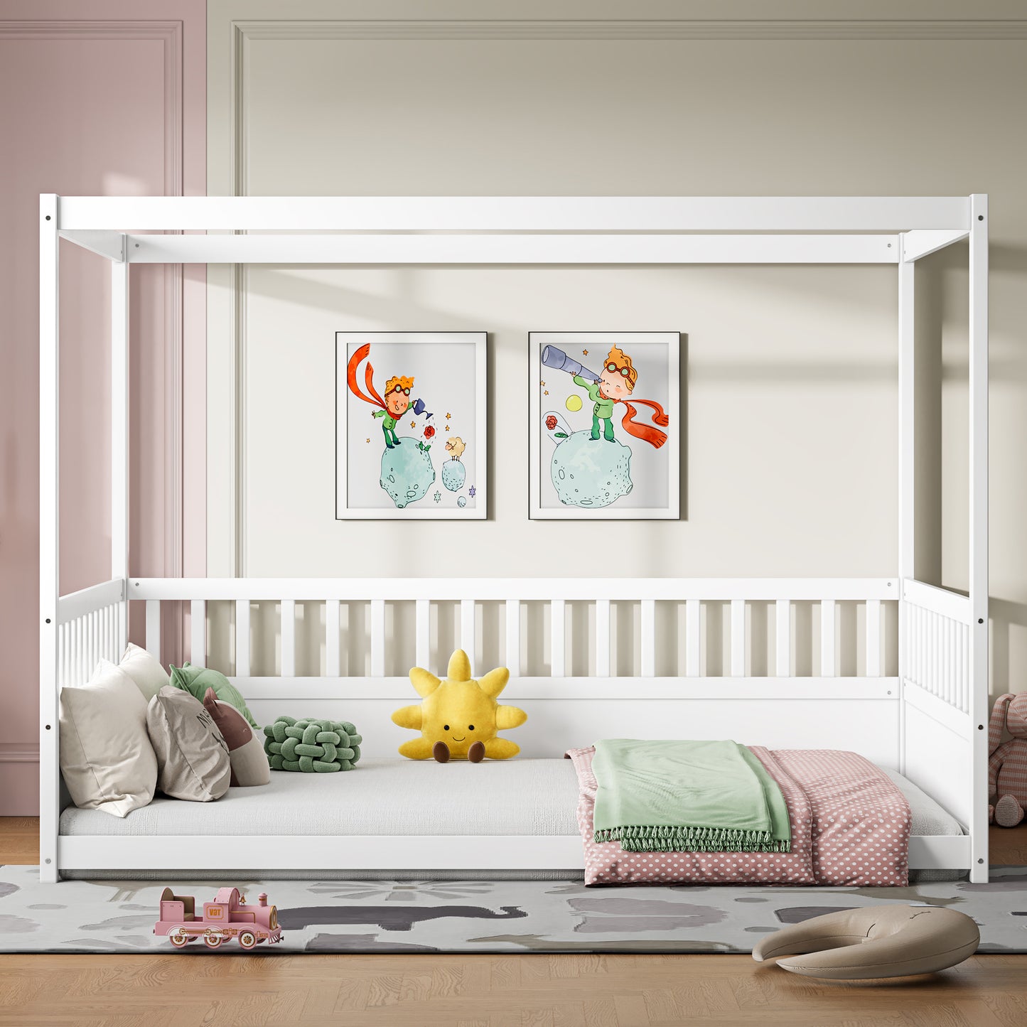Full Size Canopy Bed Frame with Guardrails for Kids - White