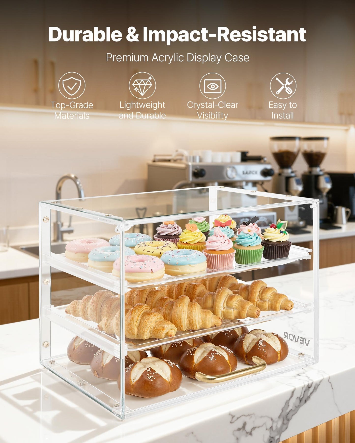 Clear Acrylic Bakery Display Case 3-Tier Pastry Counter with Flip-Up Door