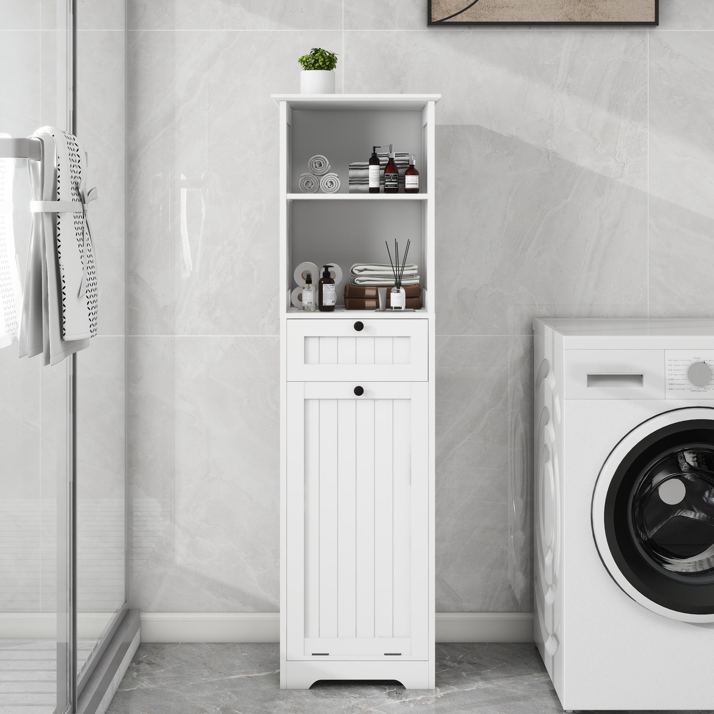 Tilt-Out Laundry Sorter Cabinet with One Drawer - White