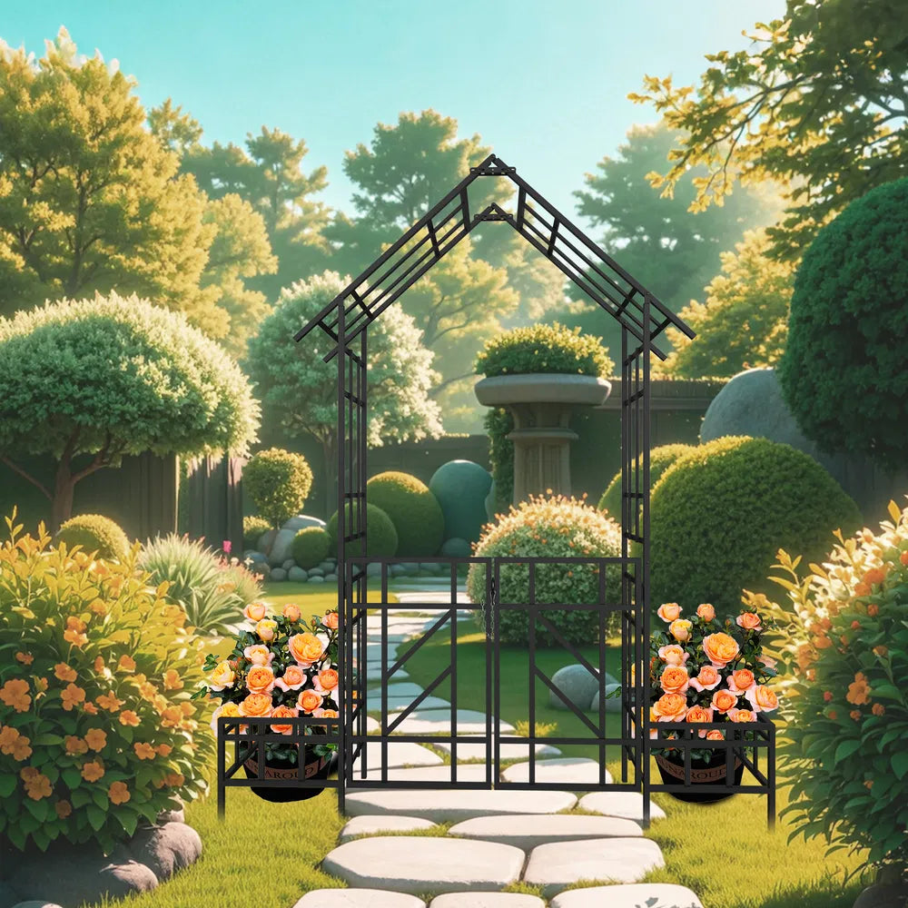 Metal Garden Arch with Gate and Planter - Black