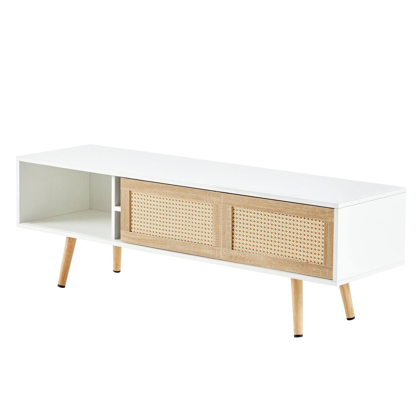 55.12" Rattan TV Cabinet with Sliding Doors & Adjustable Shelf - White