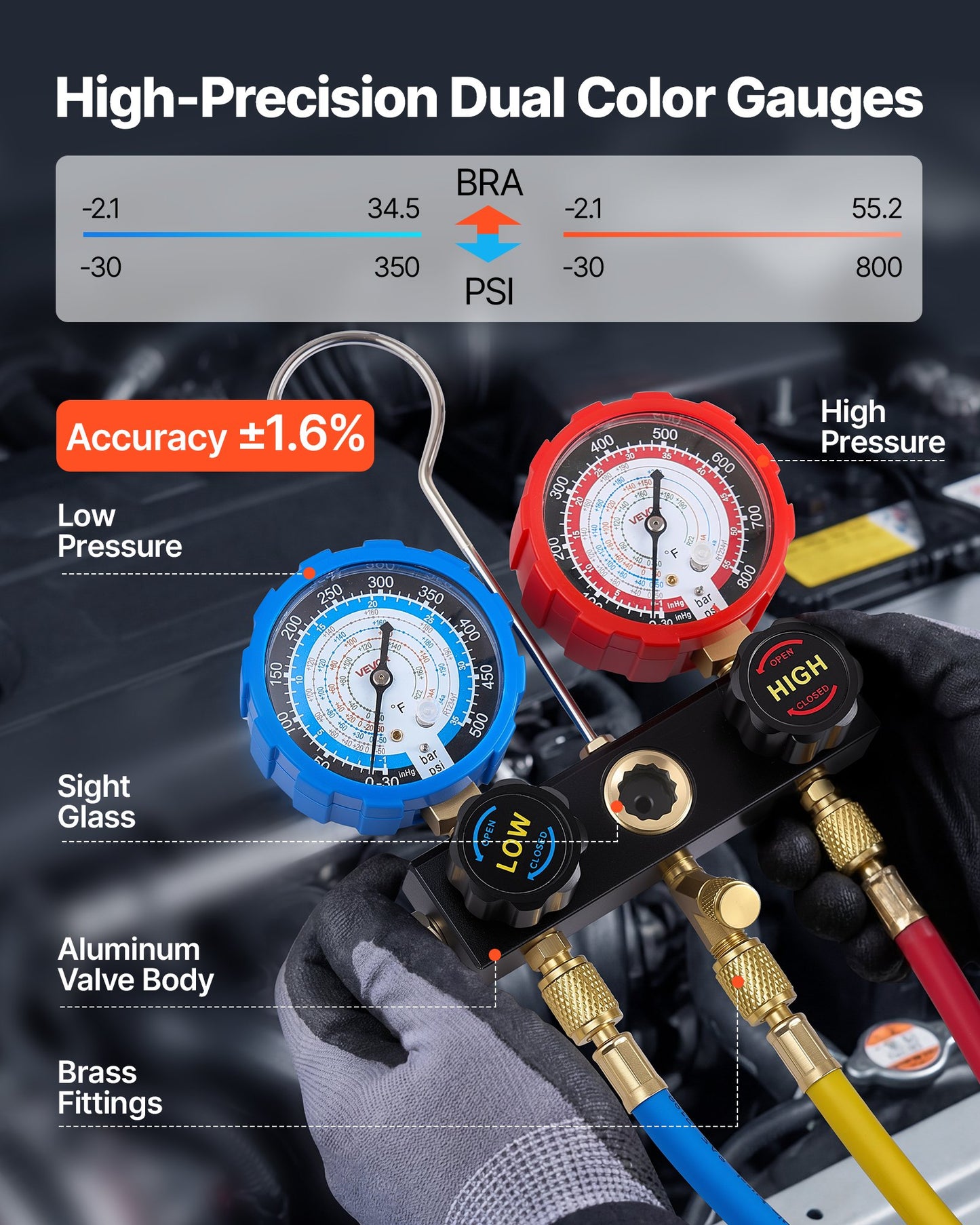Automotive AC Manifold Gauge Set with 4 Refrigerant Compatibility and 5 Ft Hoses