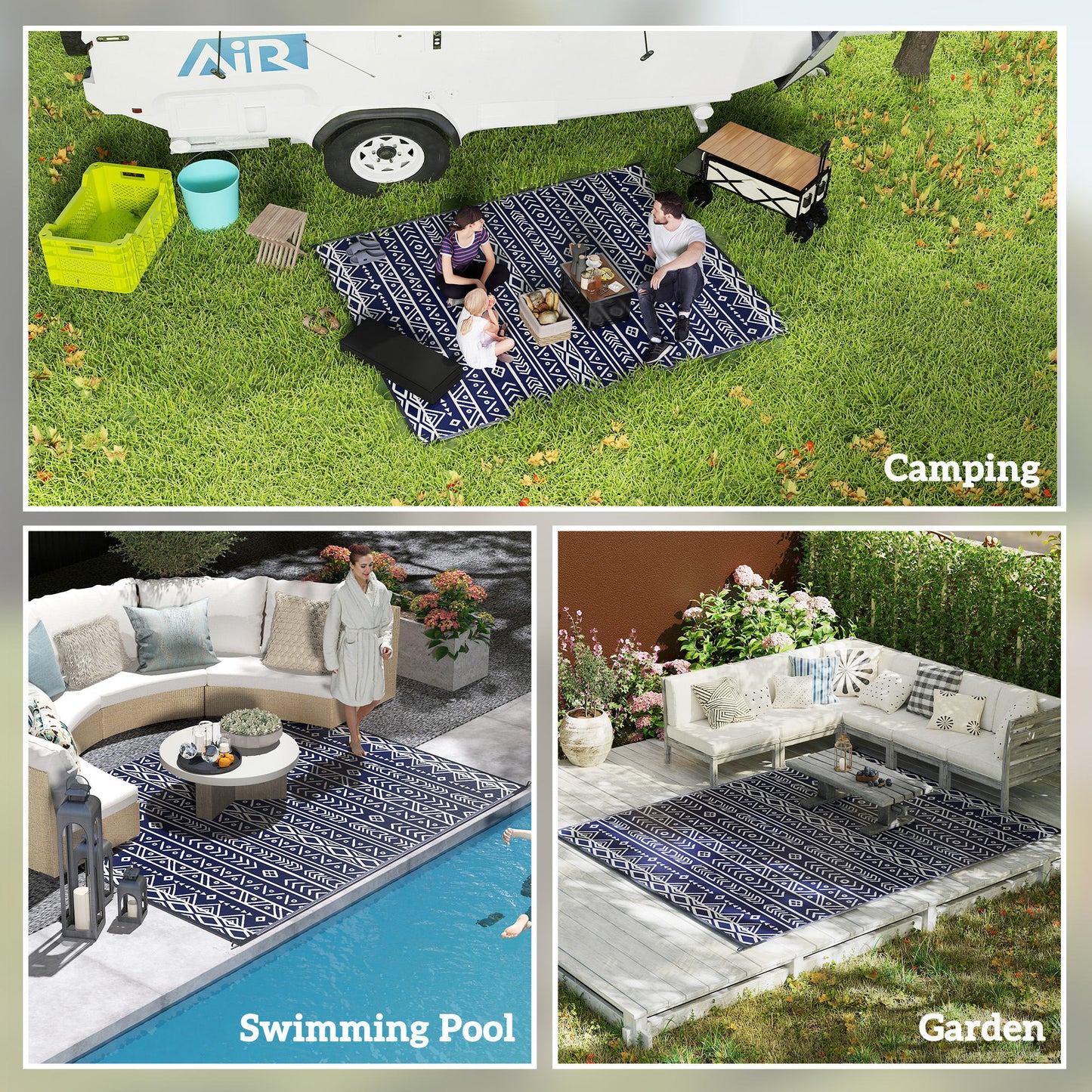 Reversible Outdoor Rug - Waterproof Blue & White Geometric, 8x10