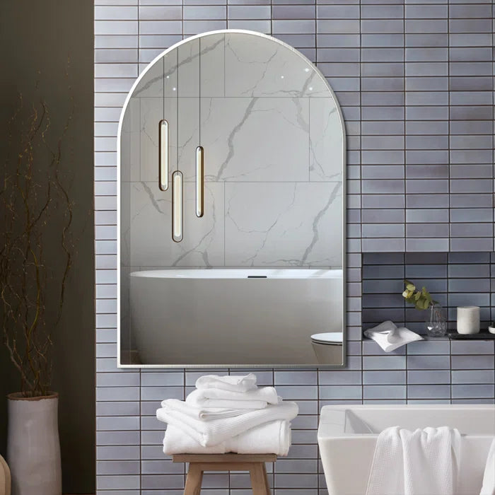 20x30 Inch Silver Metal Framed Arched Bathroom Mirror
