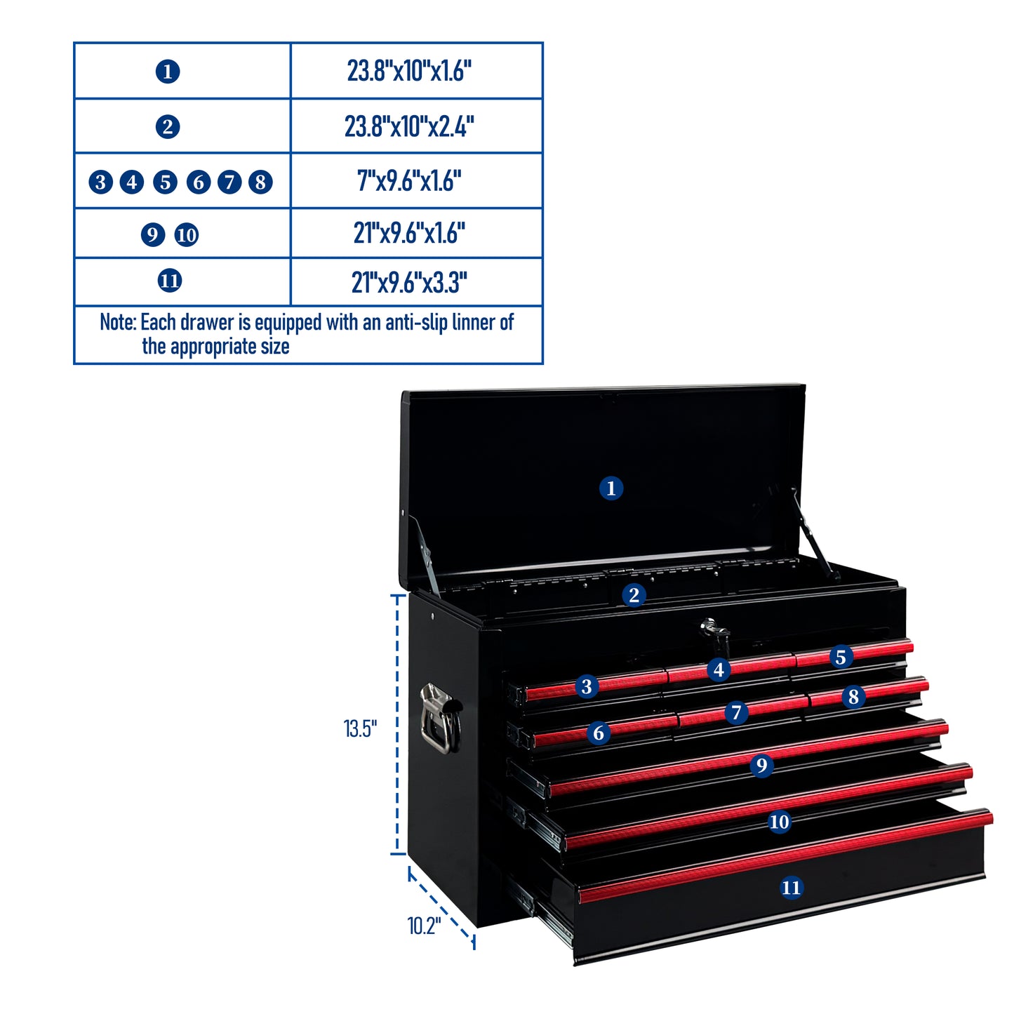 Heavy Duty Metal Tool Box 24 Inch with 9 Drawers & Locking Mechanism - Black