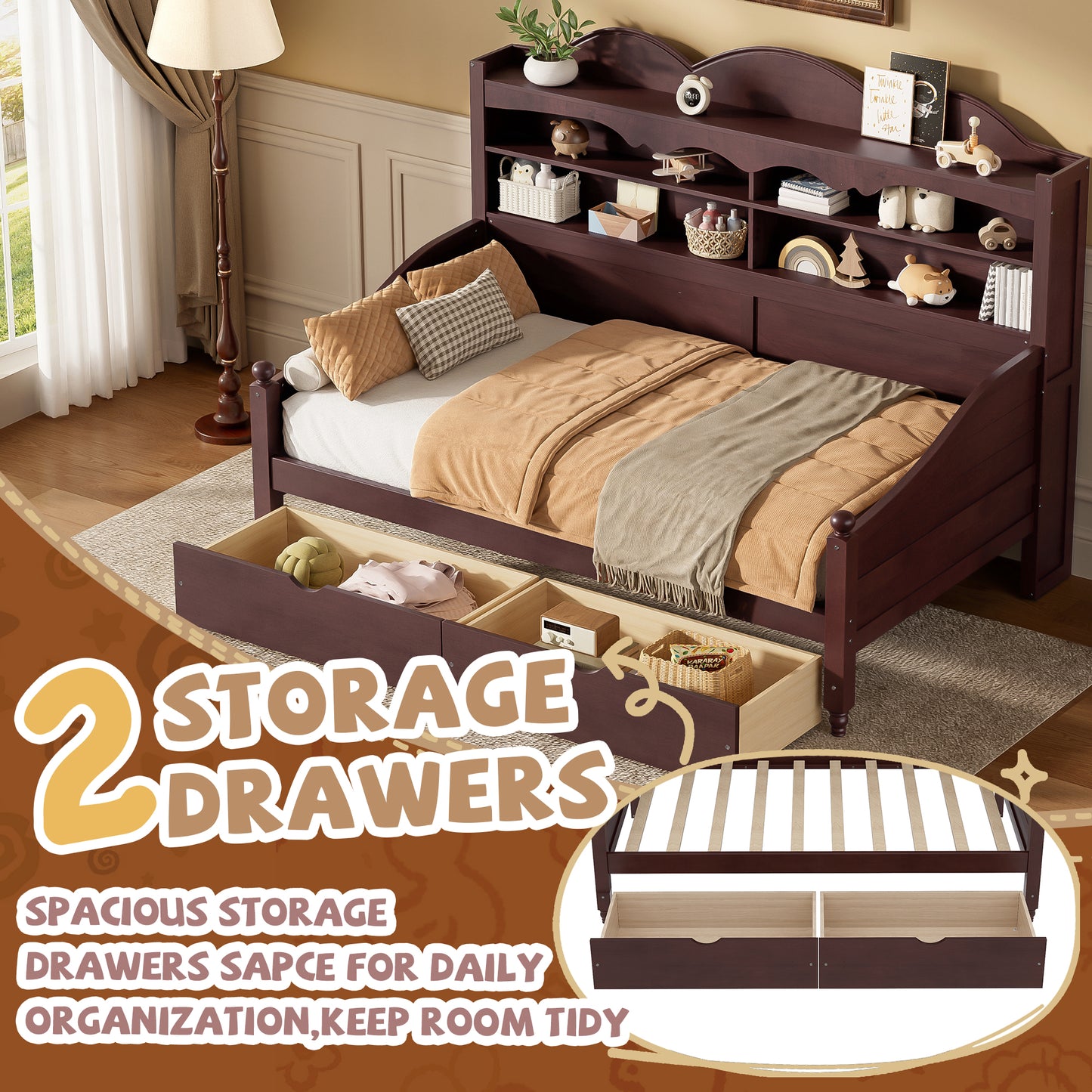 Twin Daybed with Storage Drawers - Espresso Wood, Retro Style