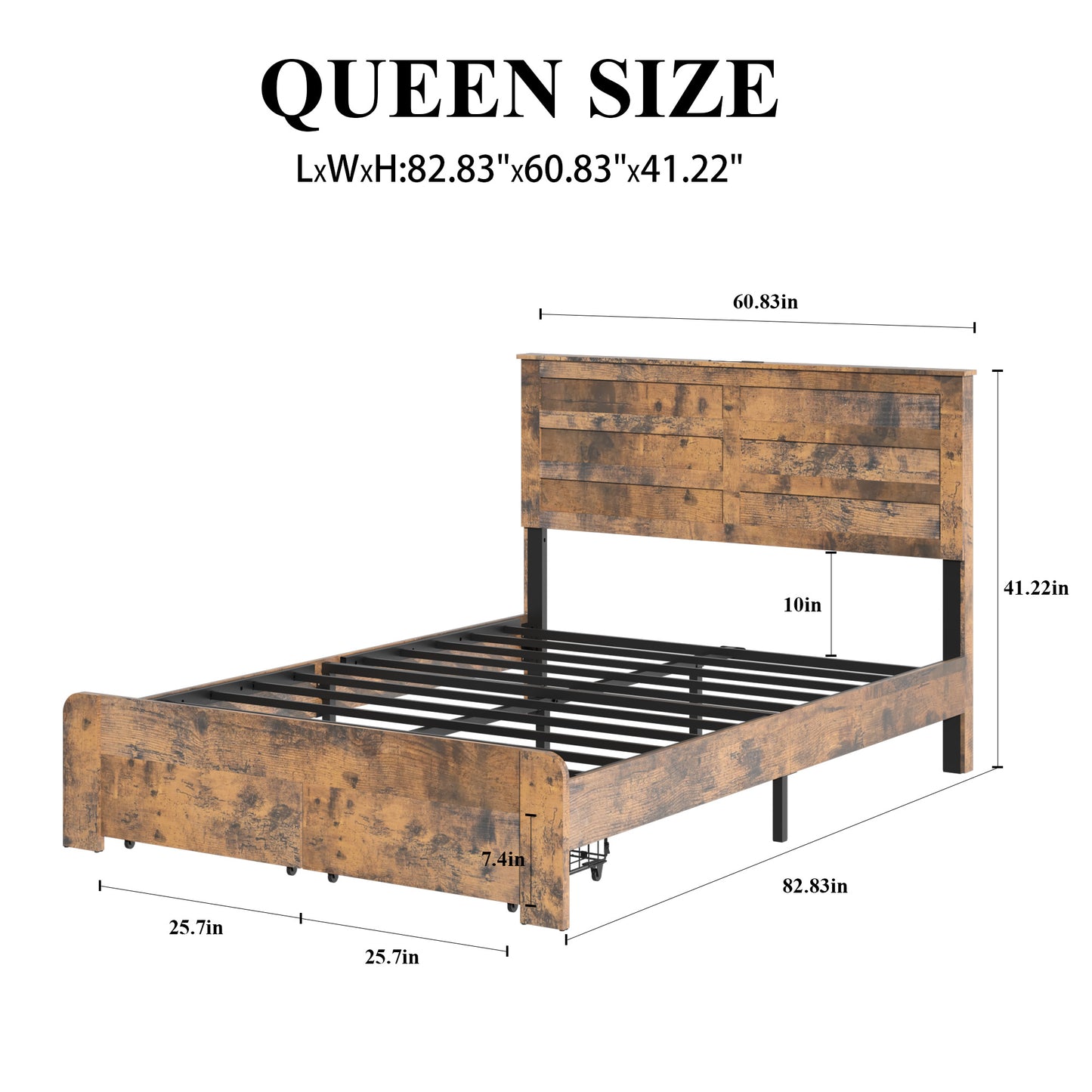 Queen Platform Bed Frame with LED Headboard, USB Charger & Drawers - Dark Brown