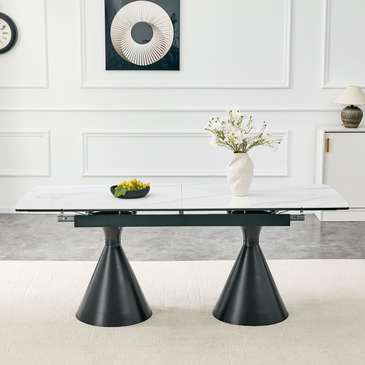 Extendable Stone-Top Dining Table - White Marble with Black Legs
