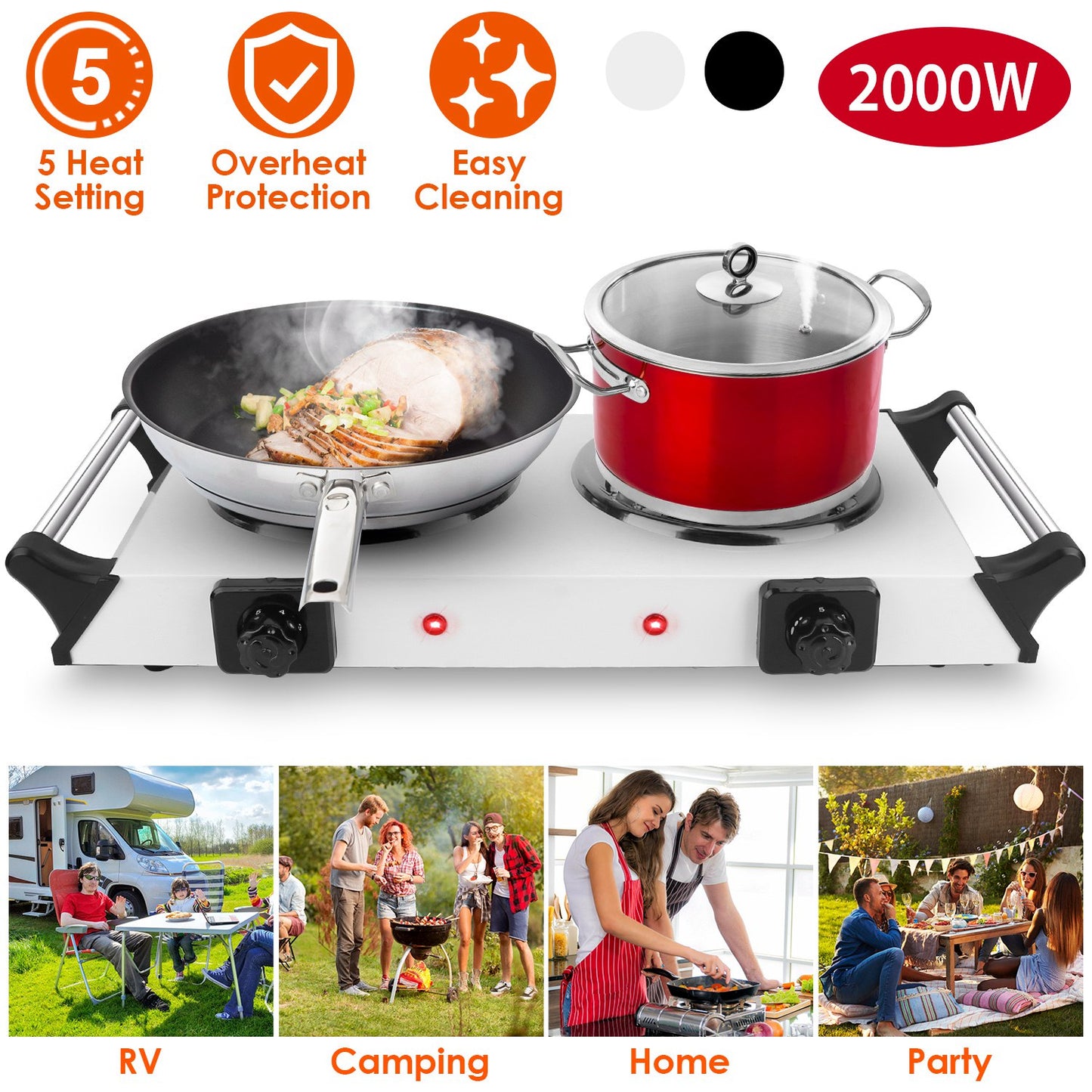 2000W Portable Electric Stove with Dual Coil Burners - White