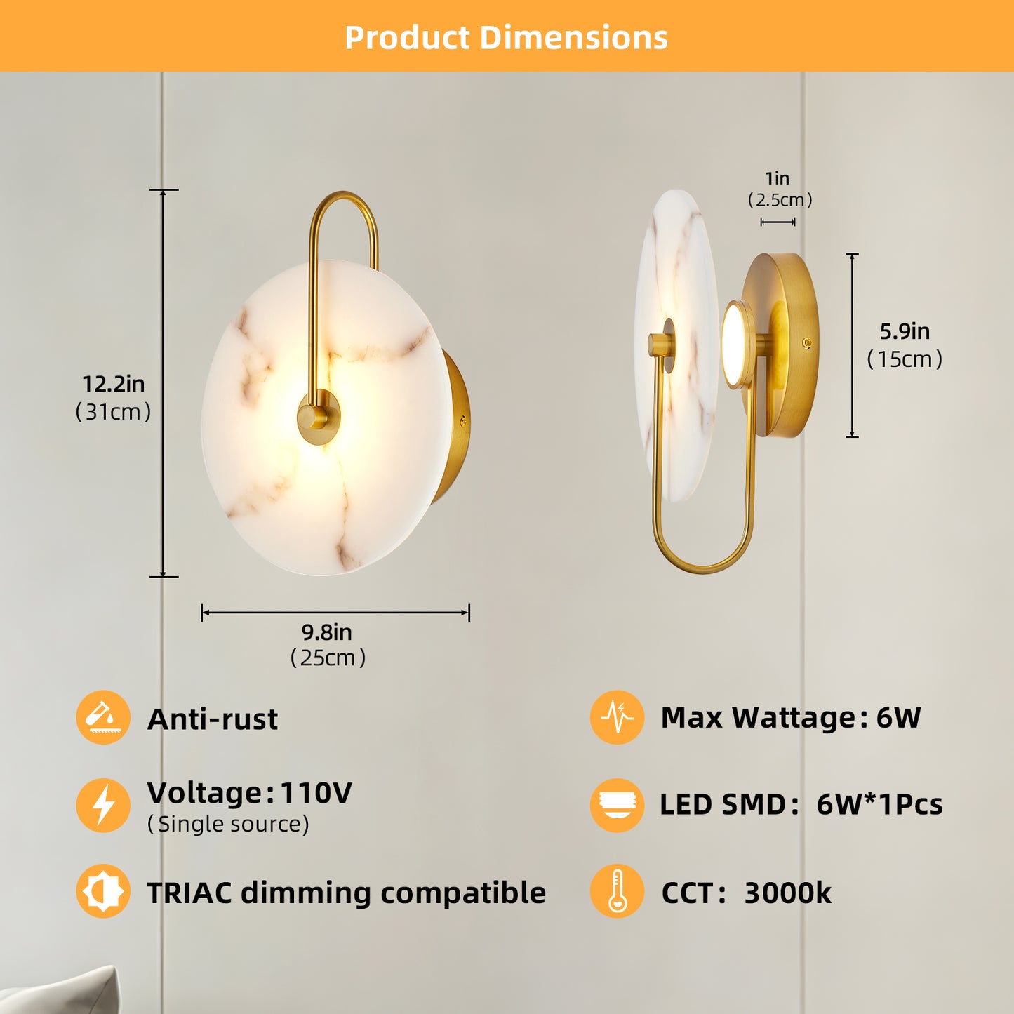 Round Alabaster Wall Sconce - Natural Marble LED Wall Lamp for Bedroom & Living Room - Gold Finish