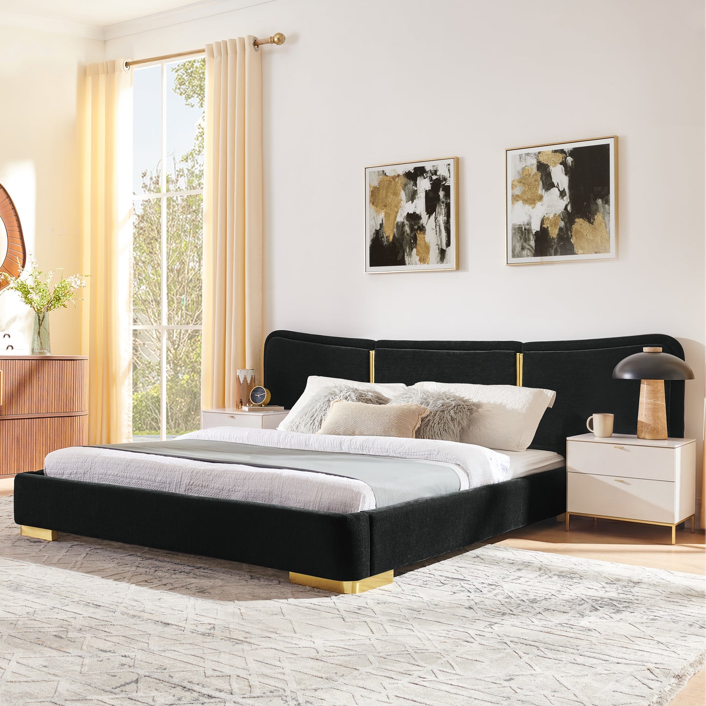 Queen Size Platform Bed with Soft Chenille Frame - Black
