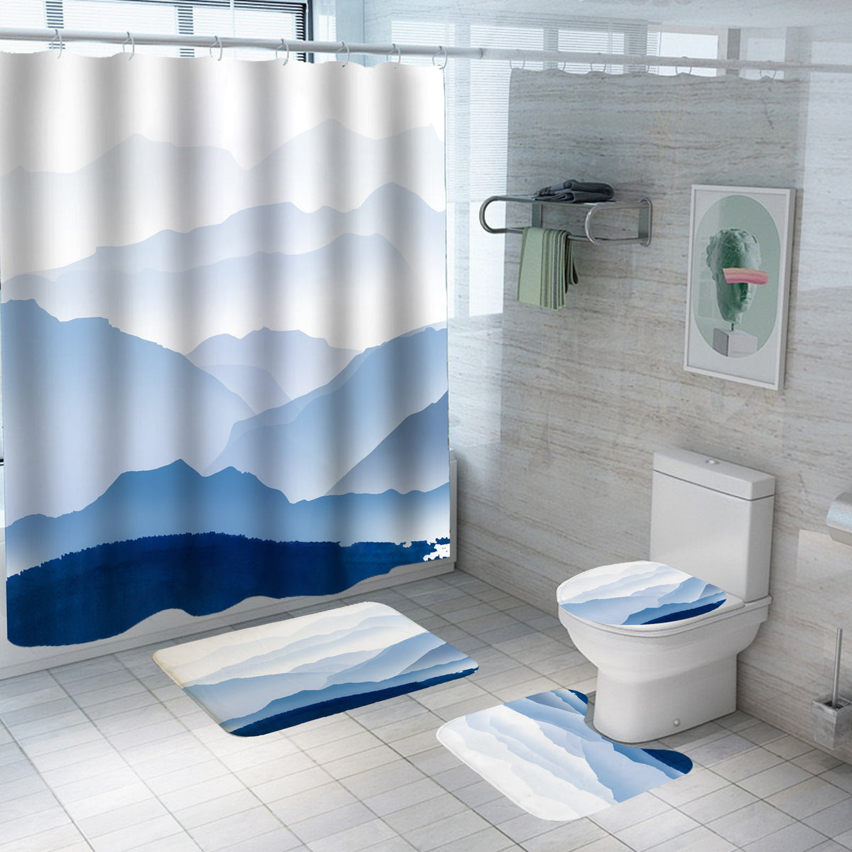 Digital Printing Polyester Bathroom Shower Curtain with Chinese Landscape Design