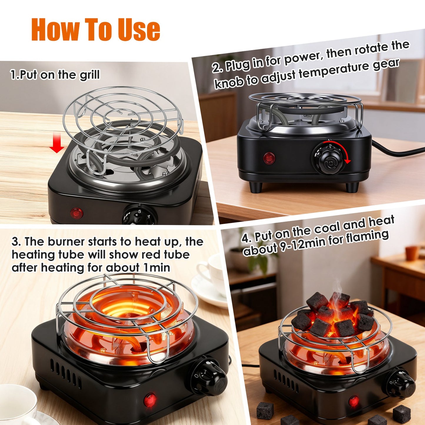 500W Electric Charcoal Burner with Thermostat Control & Tongs